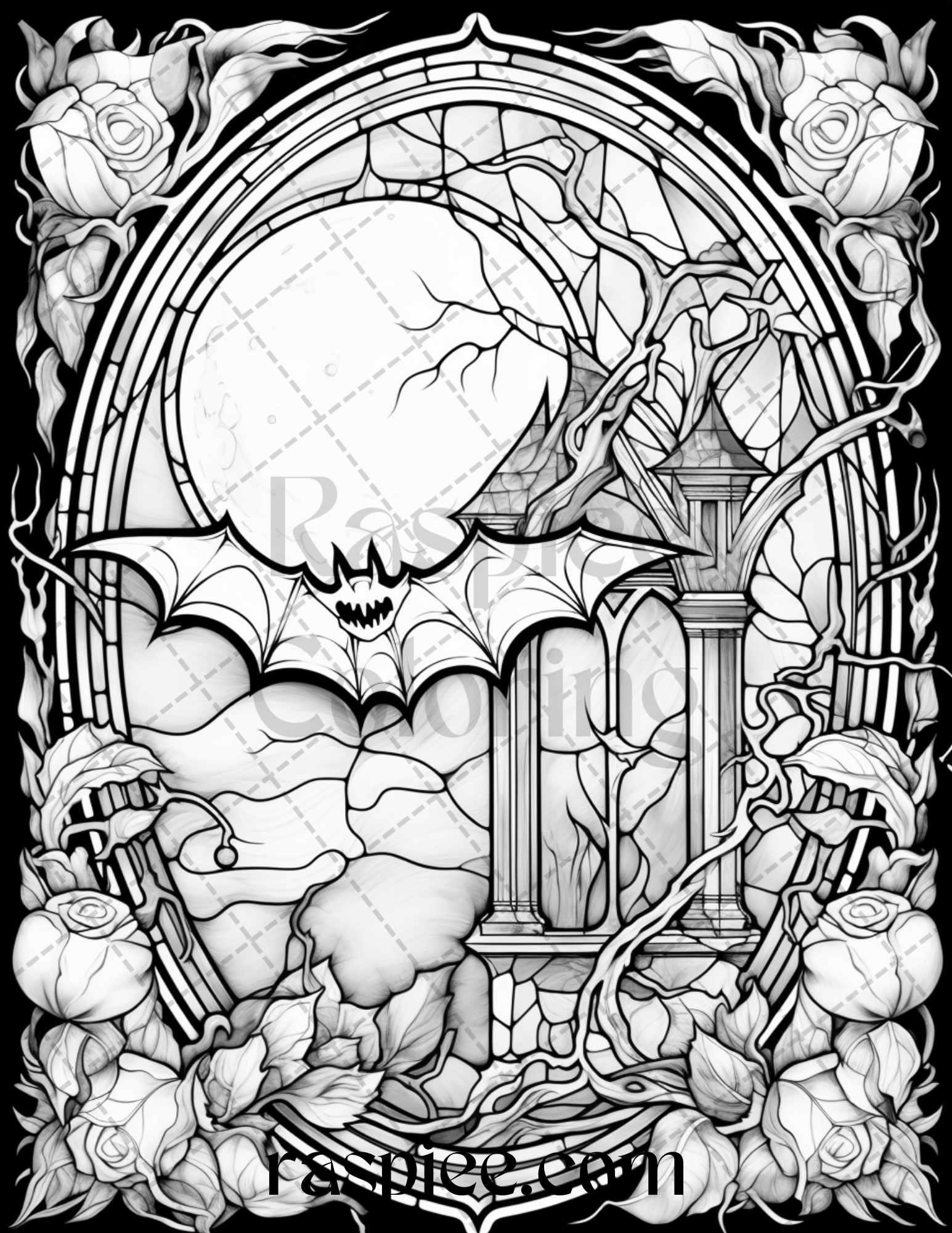 70 Halloween Stained Glass Grayscale Coloring Pages Printable for Adults, PDF File Instant Download