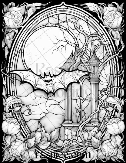 70 Halloween Stained Glass Grayscale Coloring Pages Printable for Adults, PDF File Instant Download