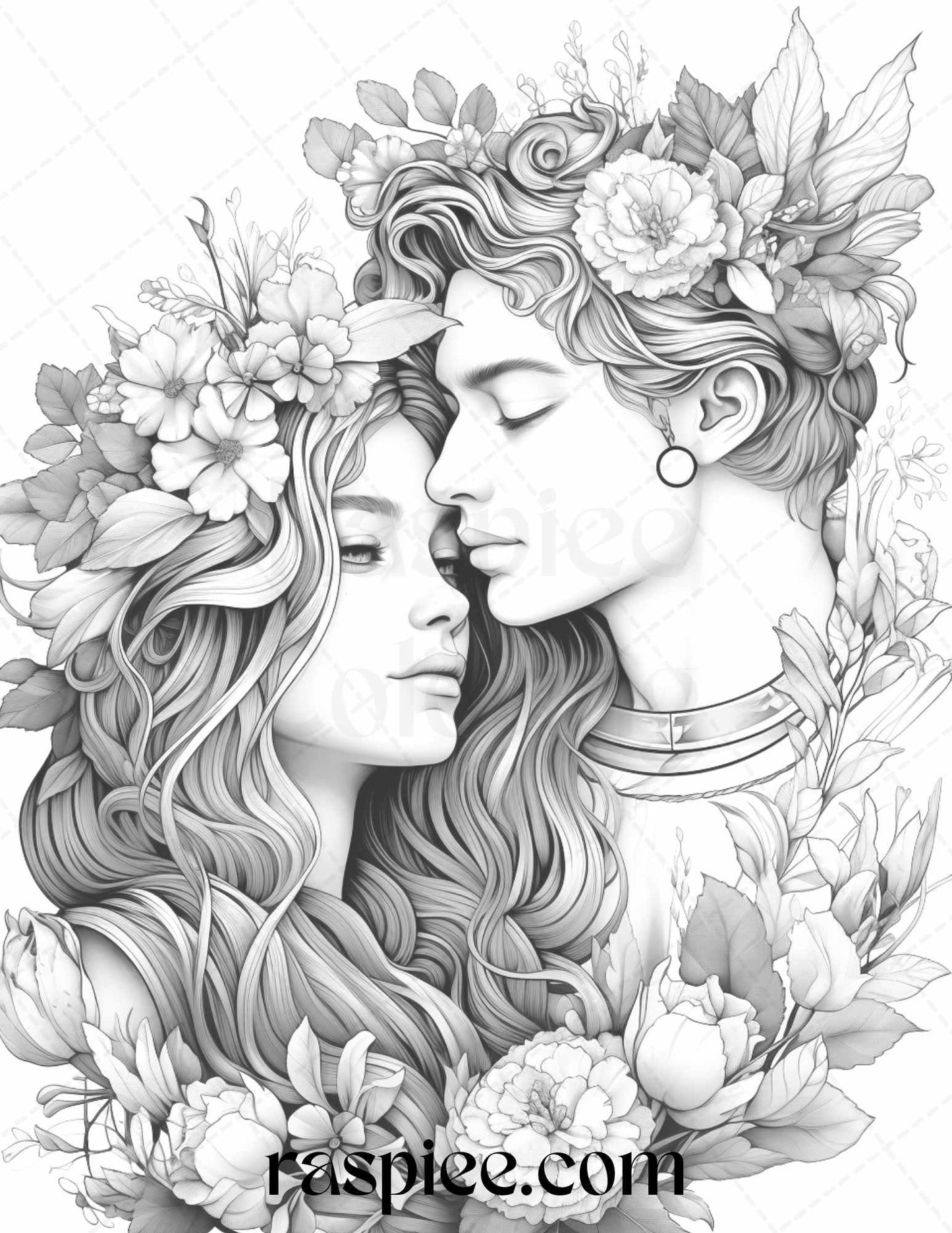 50 Romantic Couple Flowers Grayscale Coloring Pages Printable for Adults, PDF File Instant Download