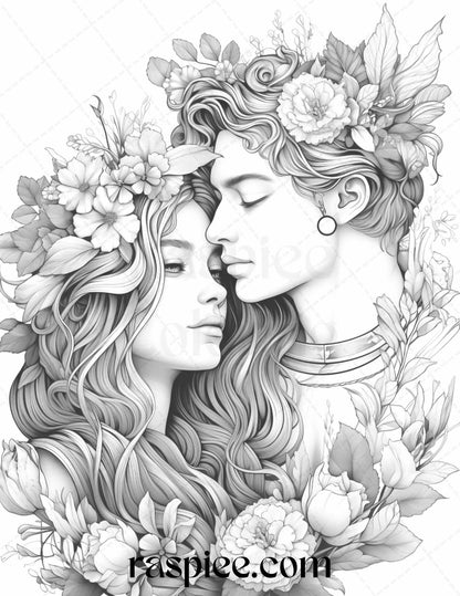 50 Romantic Couple Flowers Grayscale Coloring Pages Printable for Adults, PDF File Instant Download
