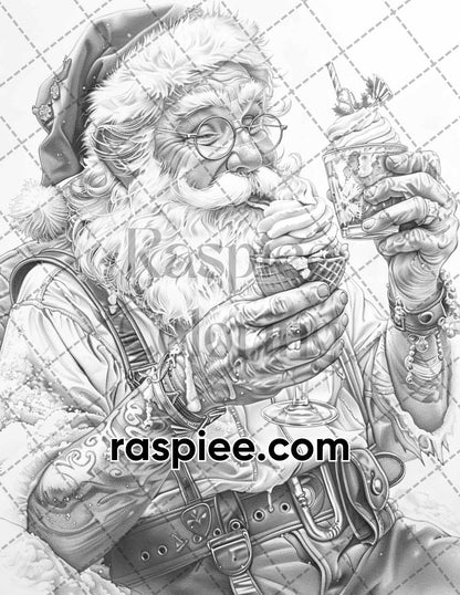 60 Santa Christmas in July Grayscale Adult Coloring Pages Printable PDF Instant Download
