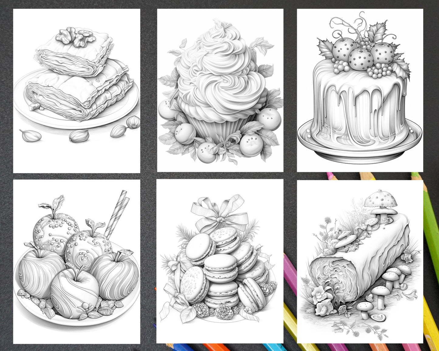 77 Christmas Desserts Grayscale Coloring Pages for Adults, Printable PDF Instant Download