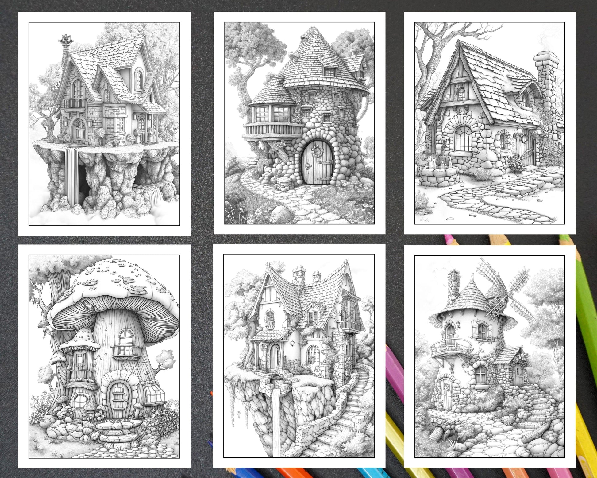 50 Fantasy Fairy Houses Adult Coloring Pages Printable PDF Instant Download