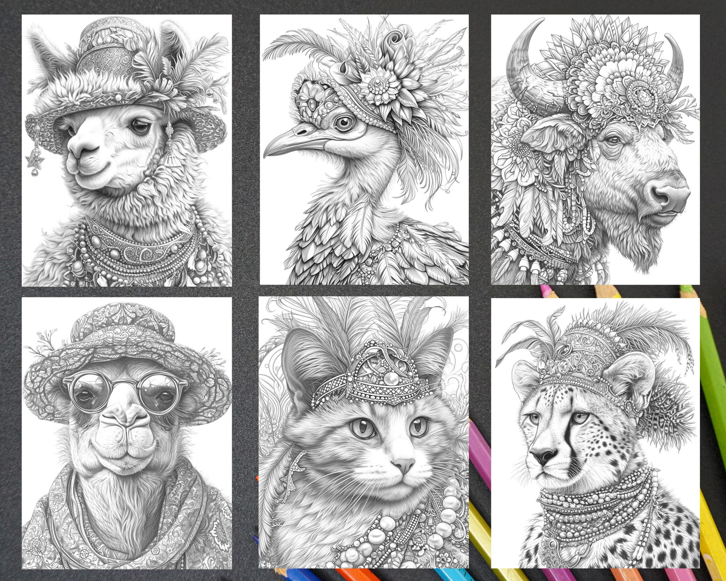 90 Mardi Gras Animals Grayscale Adult Coloring Pages, Printable PDF Instant Download