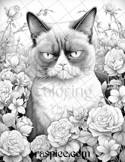 50 Grumpy Cat Grayscale Coloring Pages Printable for Adults, PDF File Instant Download