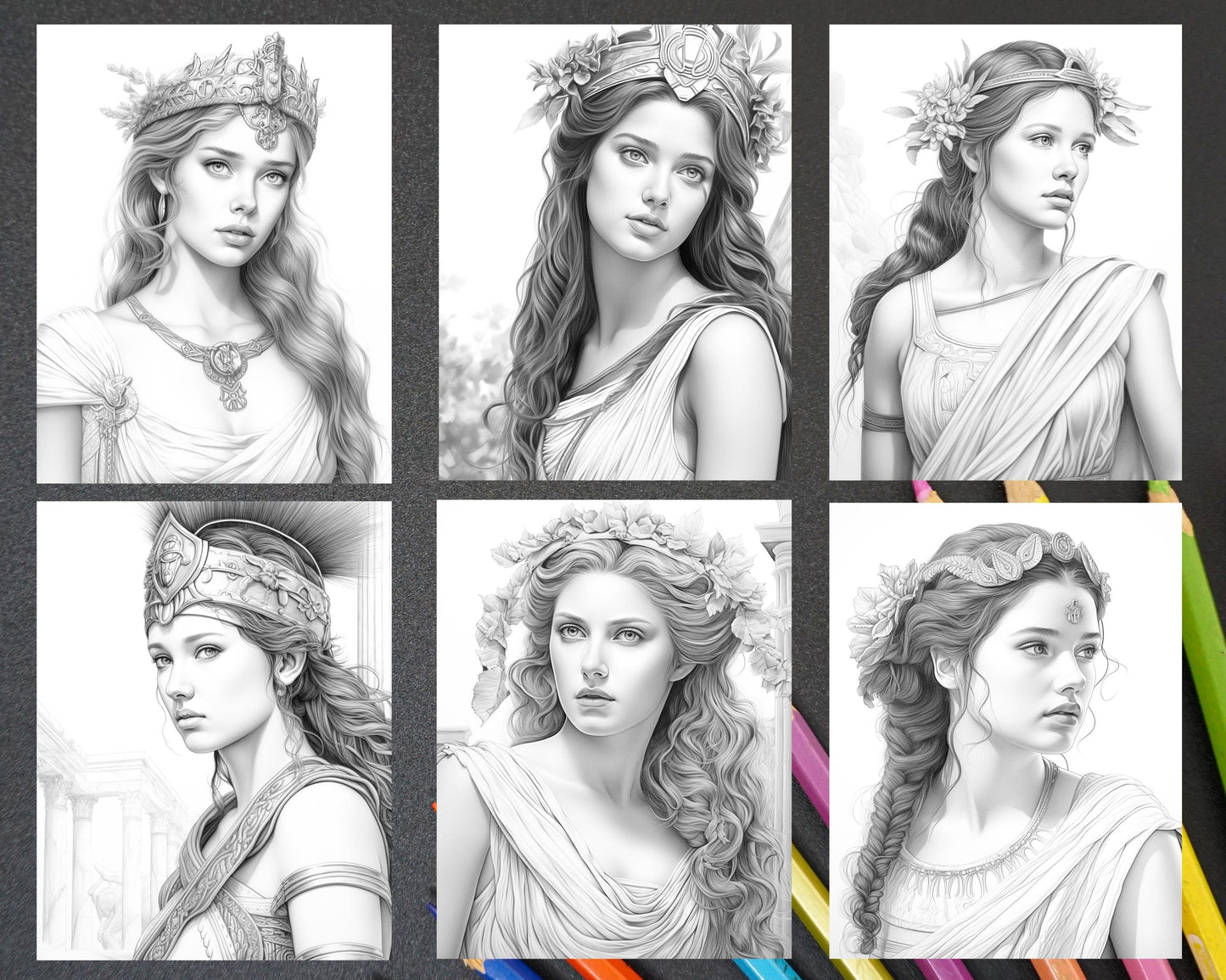 60 Ancient Greece Women Grayscale Coloring Pages for Adults, Printable PDF Instant Download