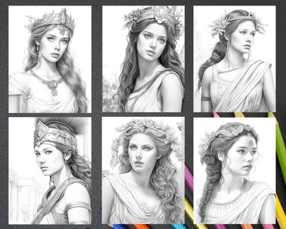 60 Ancient Greece Women Grayscale Coloring Pages for Adults, Printable PDF Instant Download
