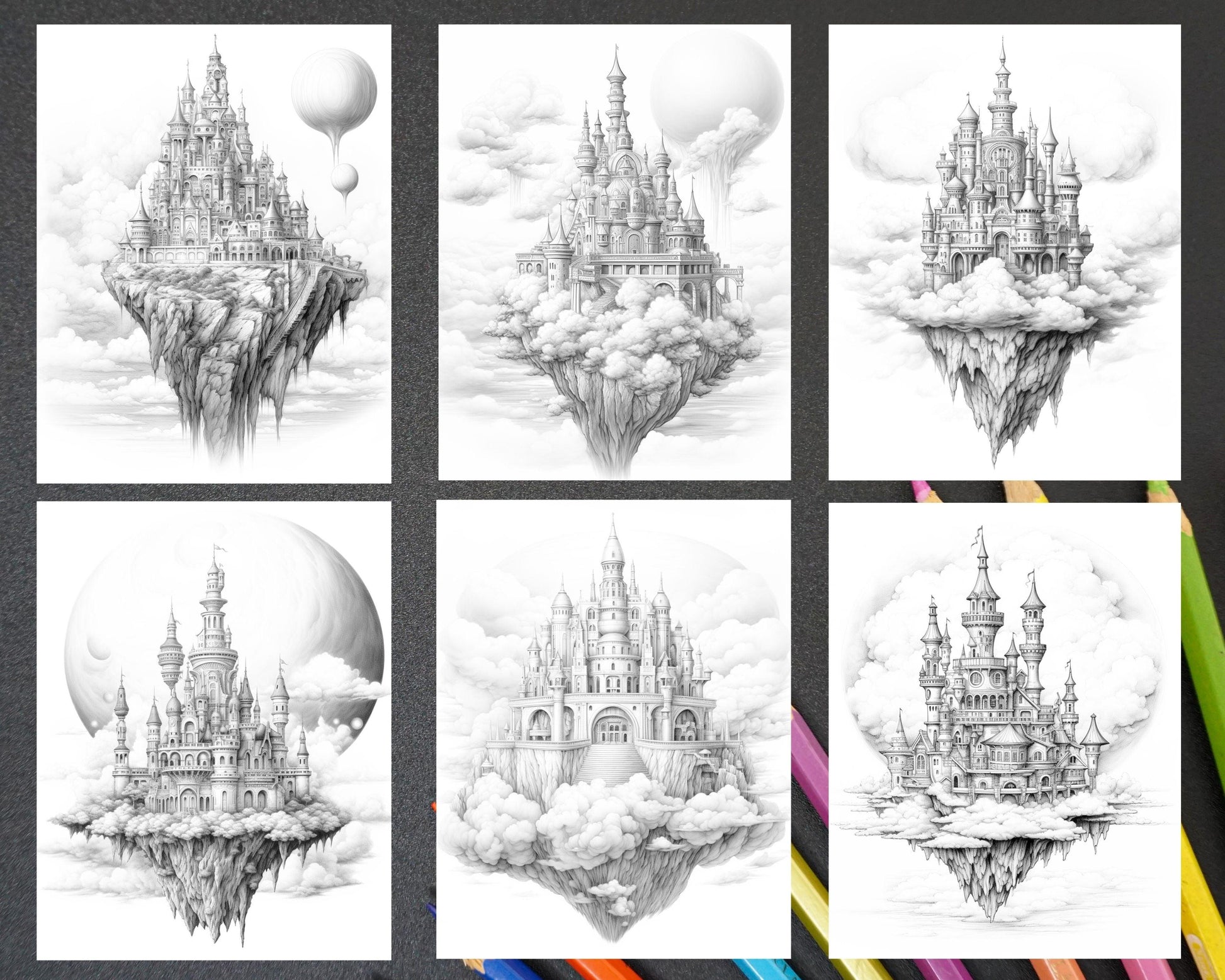 Floating Castle in the Sky Grayscale Coloring Pages for Adults, Printable PDF File Instant Download