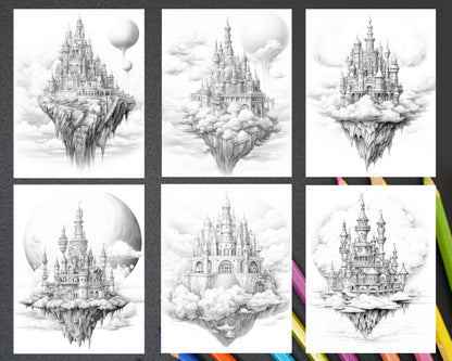 Floating Castle in the Sky Grayscale Coloring Pages for Adults, Printable PDF File Instant Download
