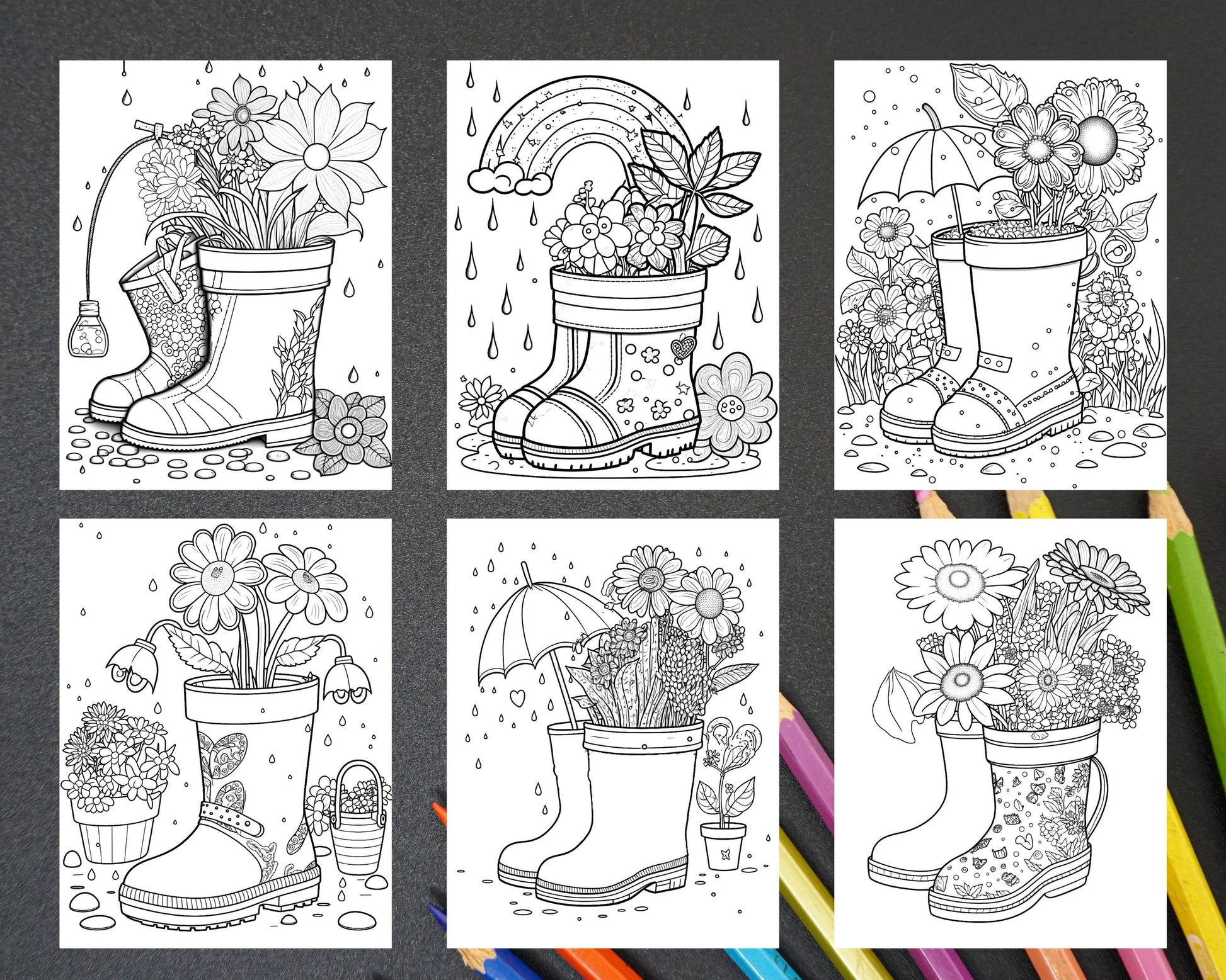 50 Printable Flower Rainboot Coloring Pages for Adults, Floral Grayscale Coloring Page, Printable PDF File Download