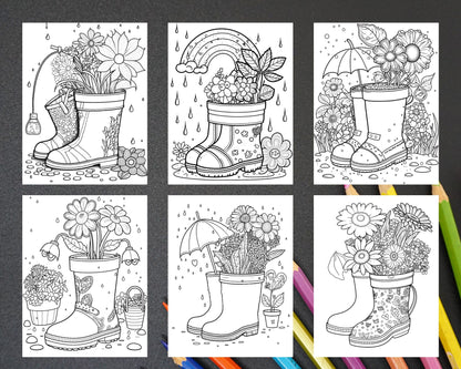 50 Printable Flower Rainboot Coloring Pages for Adults, Floral Grayscale Coloring Page, Printable PDF File Download
