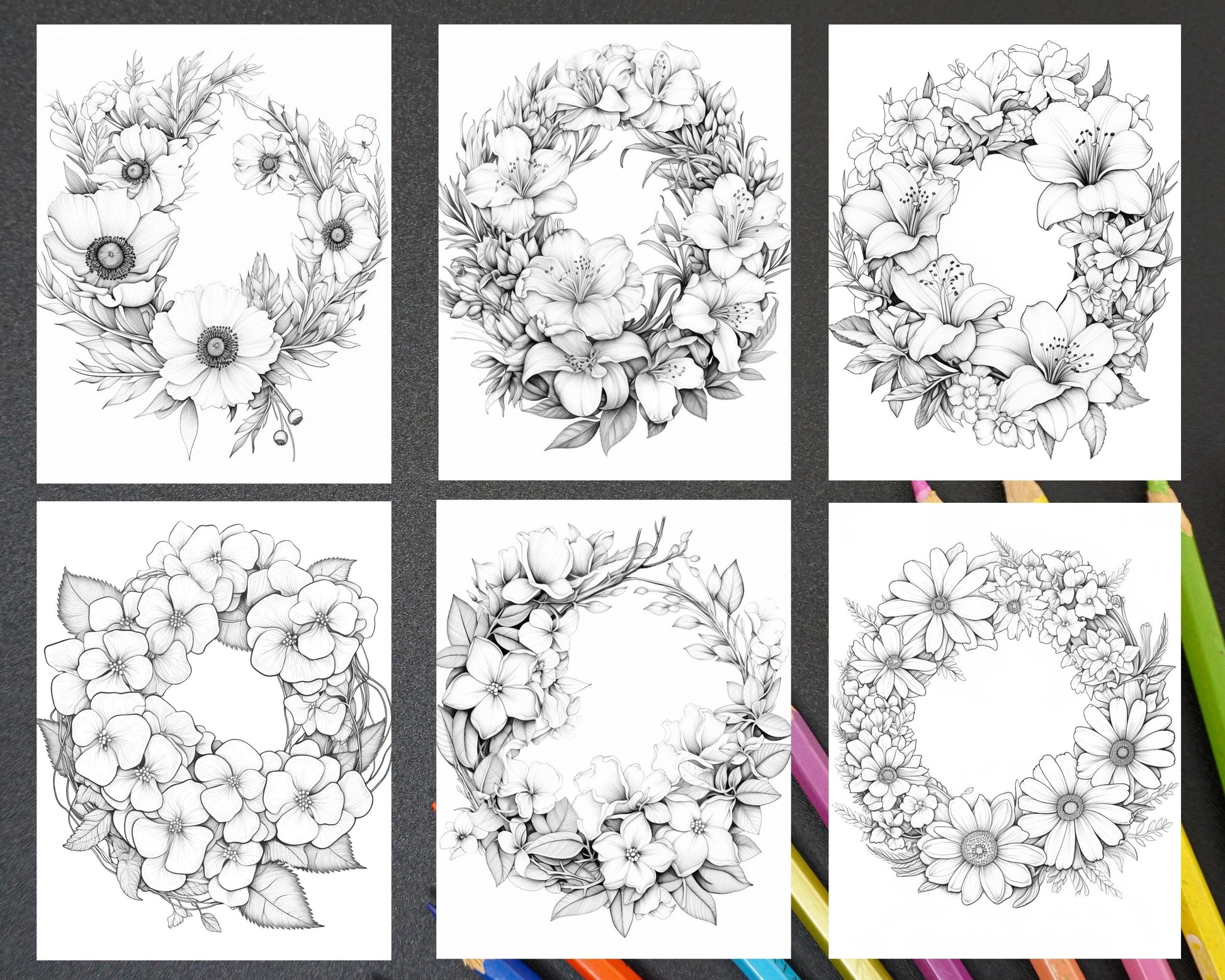 65 Spring Floral Wreaths Grayscale Adult Coloring Pages, Printable PDF Instant Download