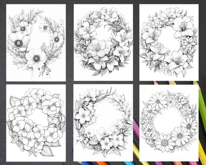 65 Spring Floral Wreaths Grayscale Adult Coloring Pages, Printable PDF Instant Download