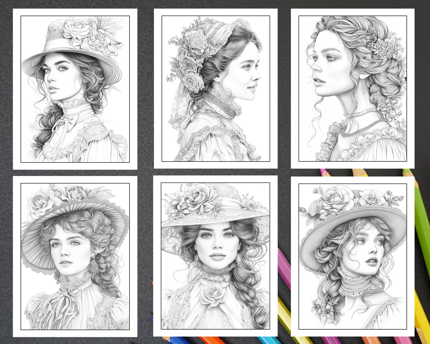 50 Victorian Portrait Adult Coloring Pages Printable PDF Instant Download