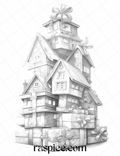 40 Adorable Gift Box Houses Grayscale Coloring Pages Printable for Adults Kids, PDF File Instant Download