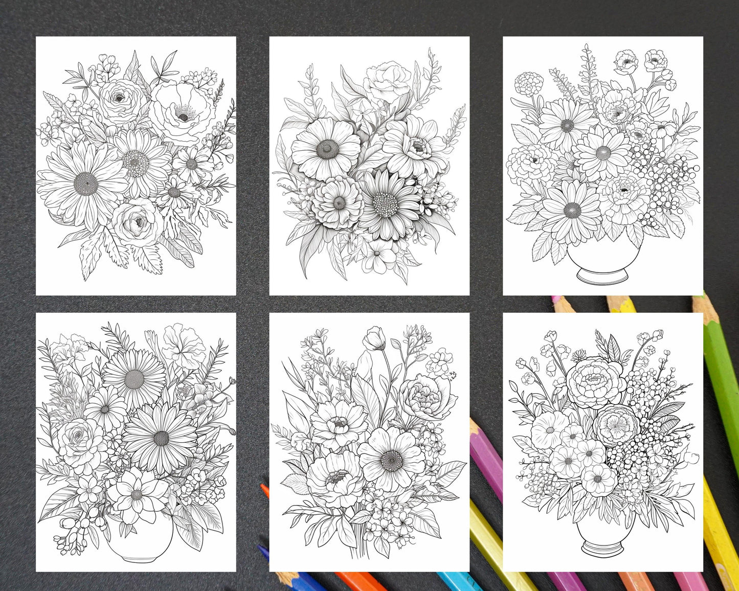 100 Printable Flower Vase Coloring Pages for Adults, Floral Grayscale Coloring Book, Printable PDF File Download