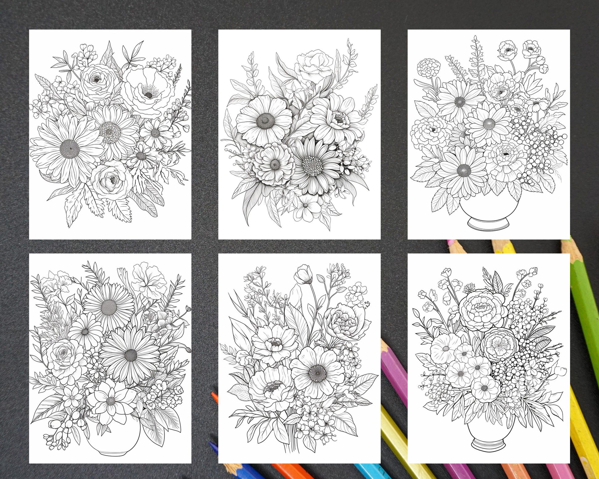 100 Printable Flower Vase Coloring Pages for Adults, Floral Grayscale Coloring Book, Printable PDF File Download