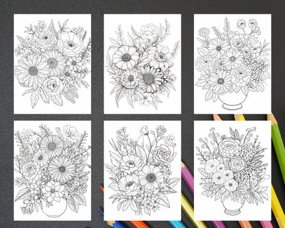 100 Printable Flower Vase Coloring Pages for Adults, Floral Grayscale Coloring Book, Printable PDF File Download
