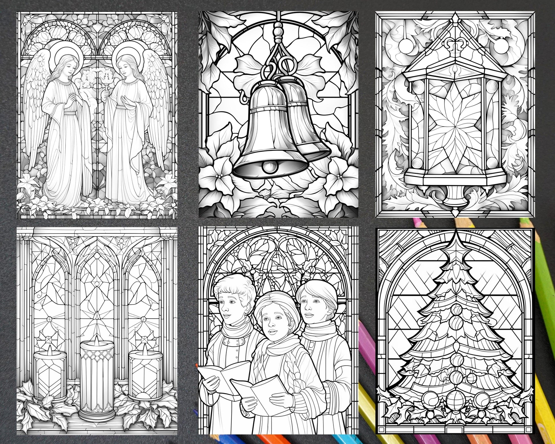 50 Christmas Stained Glass Grayscale Coloring Pages for Adults, Printable PDF File Instant Download