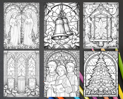 50 Christmas Stained Glass Grayscale Coloring Pages for Adults, Printable PDF File Instant Download