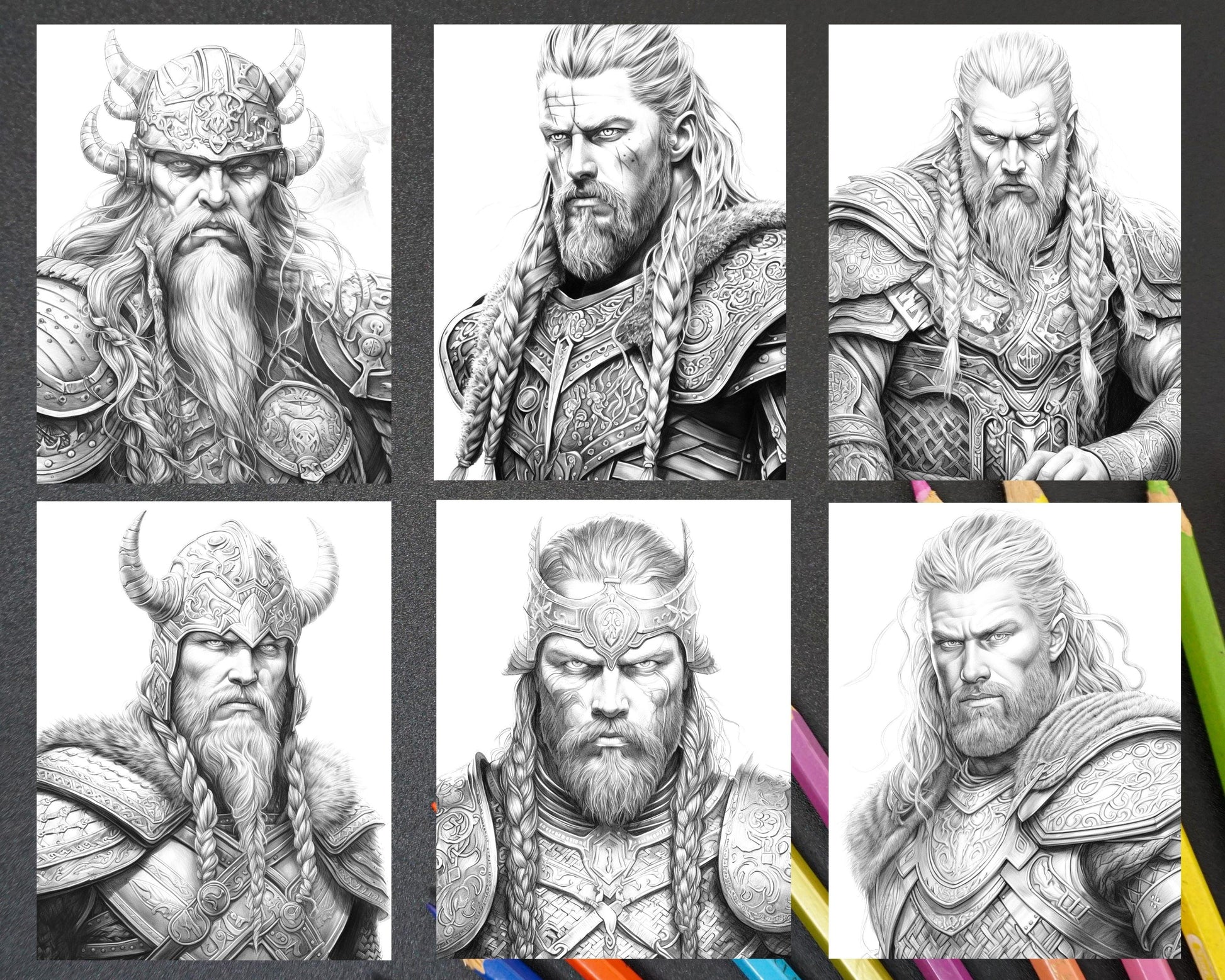 55 Viking Warriors Portrait Grayscale Coloring Pages Printable for Adults, PDF File Instant Download