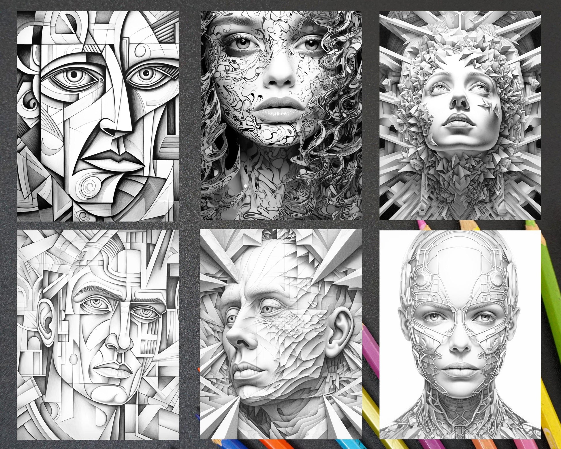 60 Abstract Faces Grayscale Adult Coloring Pages, Printable PDF Instant Download