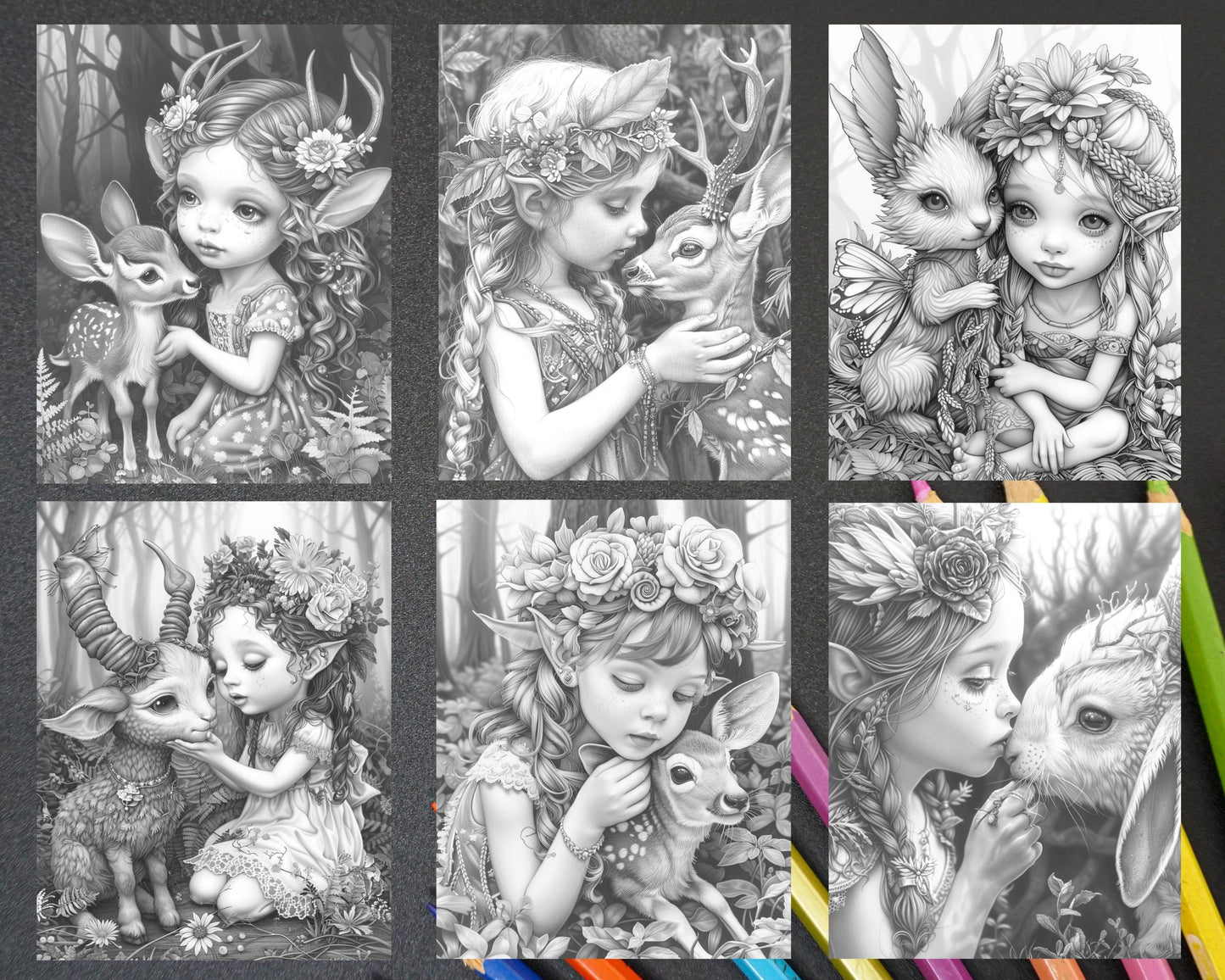52 Elves Animal Kingdom Grayscale Adult Coloring Pages, Printable PDF Instant Download