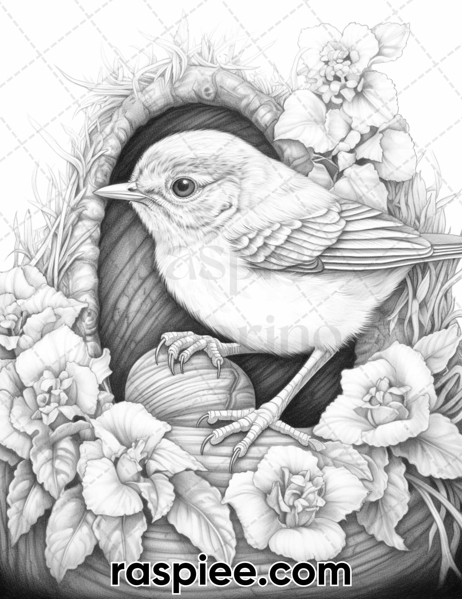 60 Spring Birds Grayscale Adult Coloring Pages, Printable PDF Instant Download