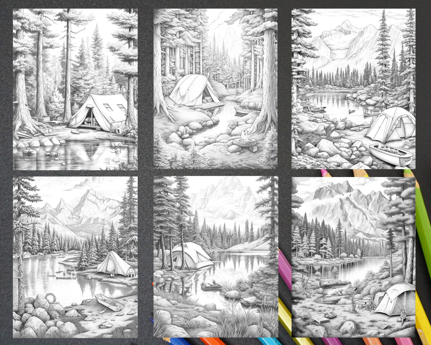 Nature Camping Grayscale Coloring Pages Printable, Relaxing Outdoor Scenes, PDF File Instant Download
