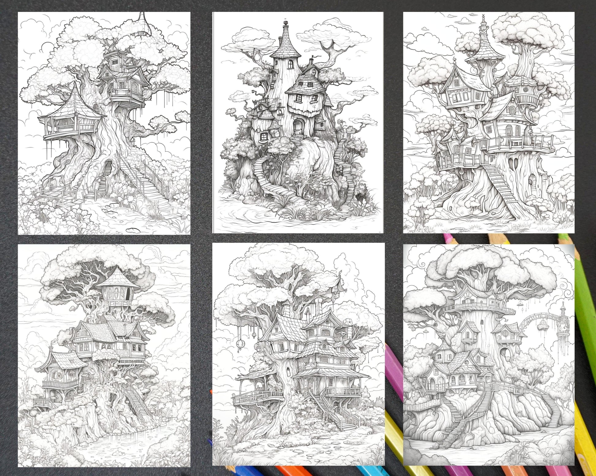 110 Enchanted Treehouse Coloring Book Printable for Adults, Grayscale Coloring Page, PDF File Instant Download