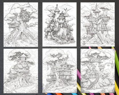 110 Enchanted Treehouse Coloring Book Printable for Adults, Grayscale Coloring Page, PDF File Instant Download