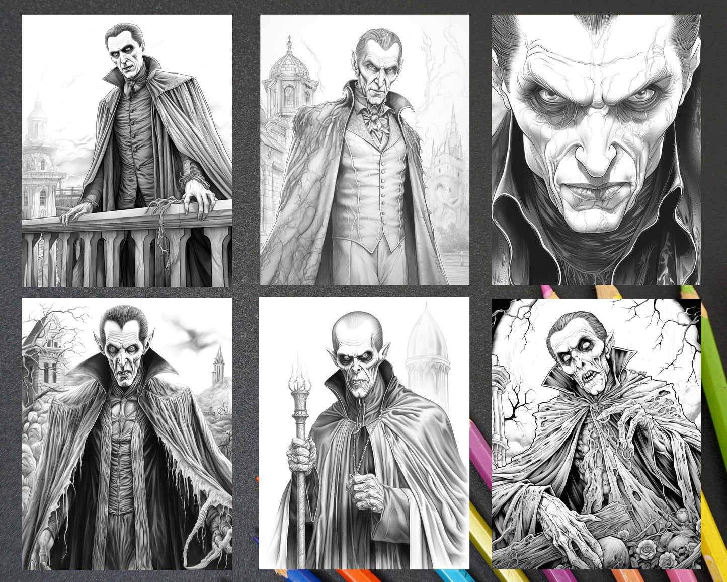 50 Count Dracula Grayscale Coloring Pages Printable for Adults, PDF File Instant Download