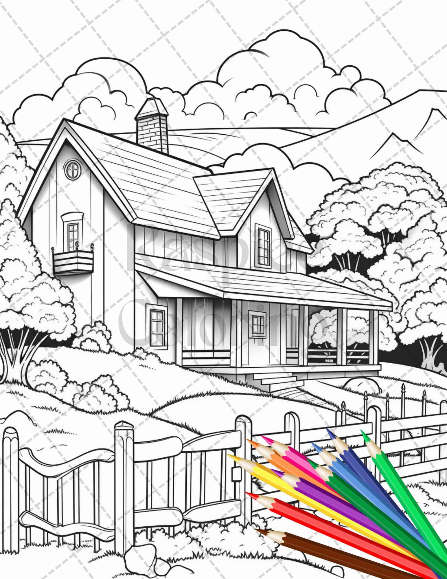 Charming Farmhouse Scenery Grayscale Coloring Pages Printable for Adults, PDF File Instant Download