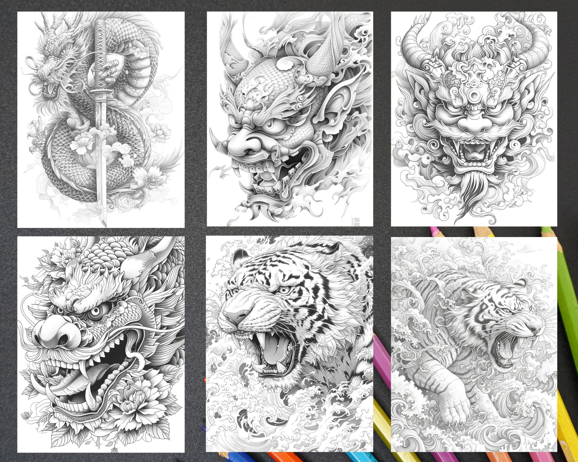 60 Traditional Japanese Tattoos Grayscale Adult Coloring Pages, Printable PDF Instant Download