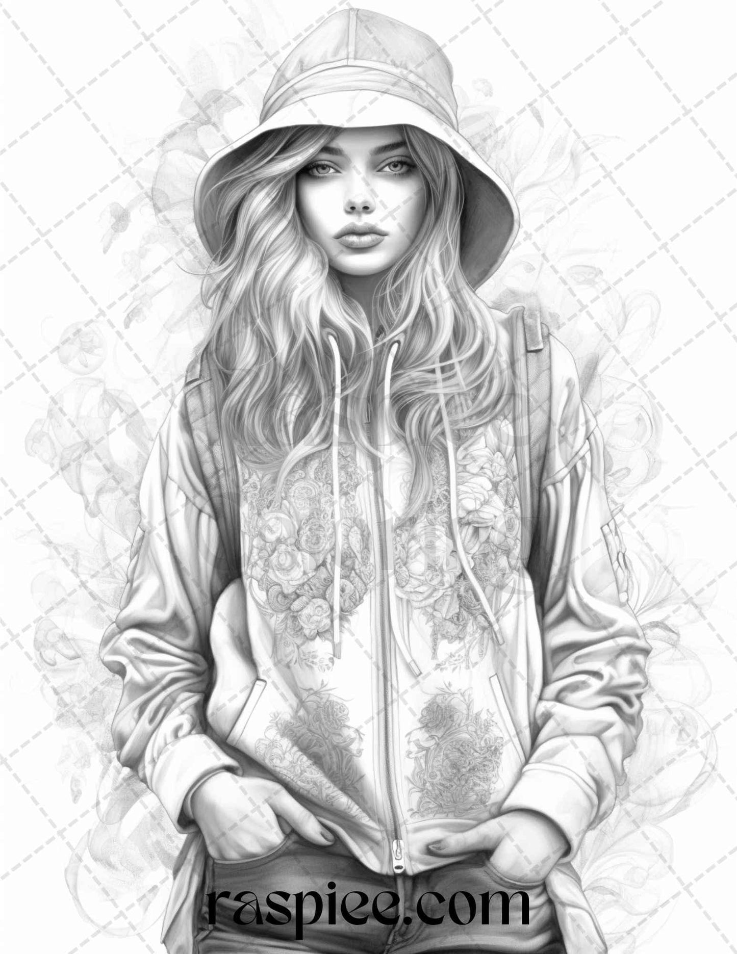 50 Streetwear Fashion Grayscale Coloring Pages Printable for Adults, PDF File Instant Download