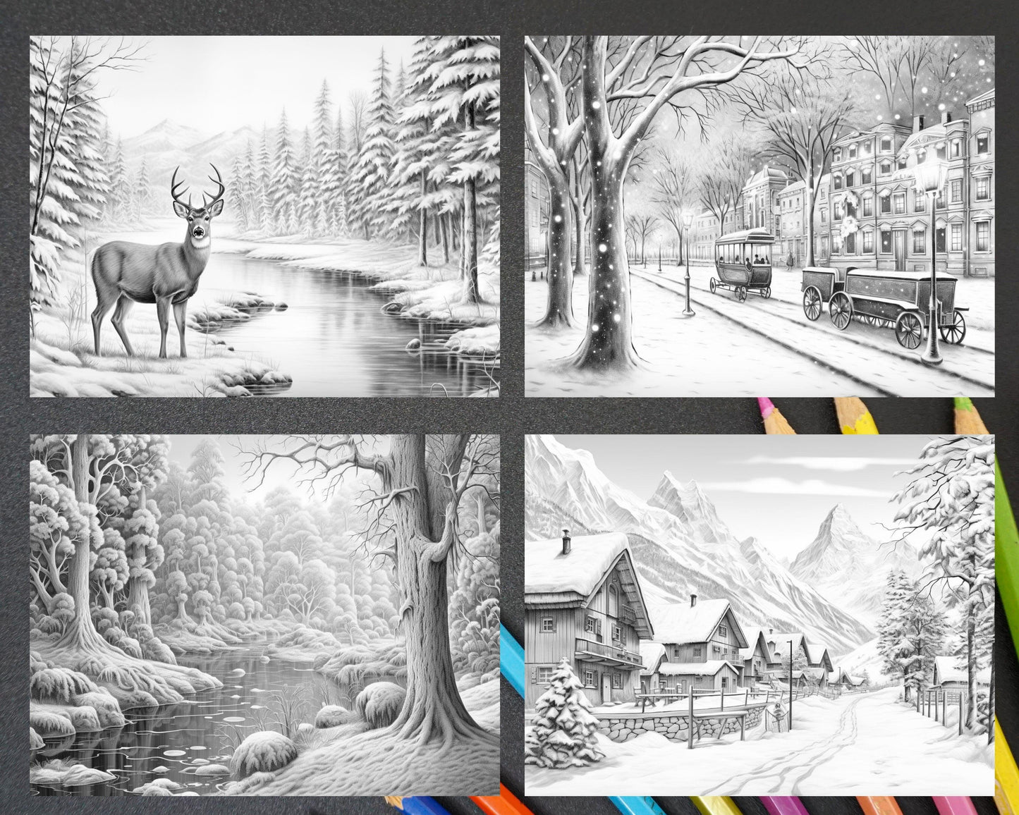 60 Enchanting Winter Landscapes Grayscale Coloring Pages for Adults, Instant PDF Download