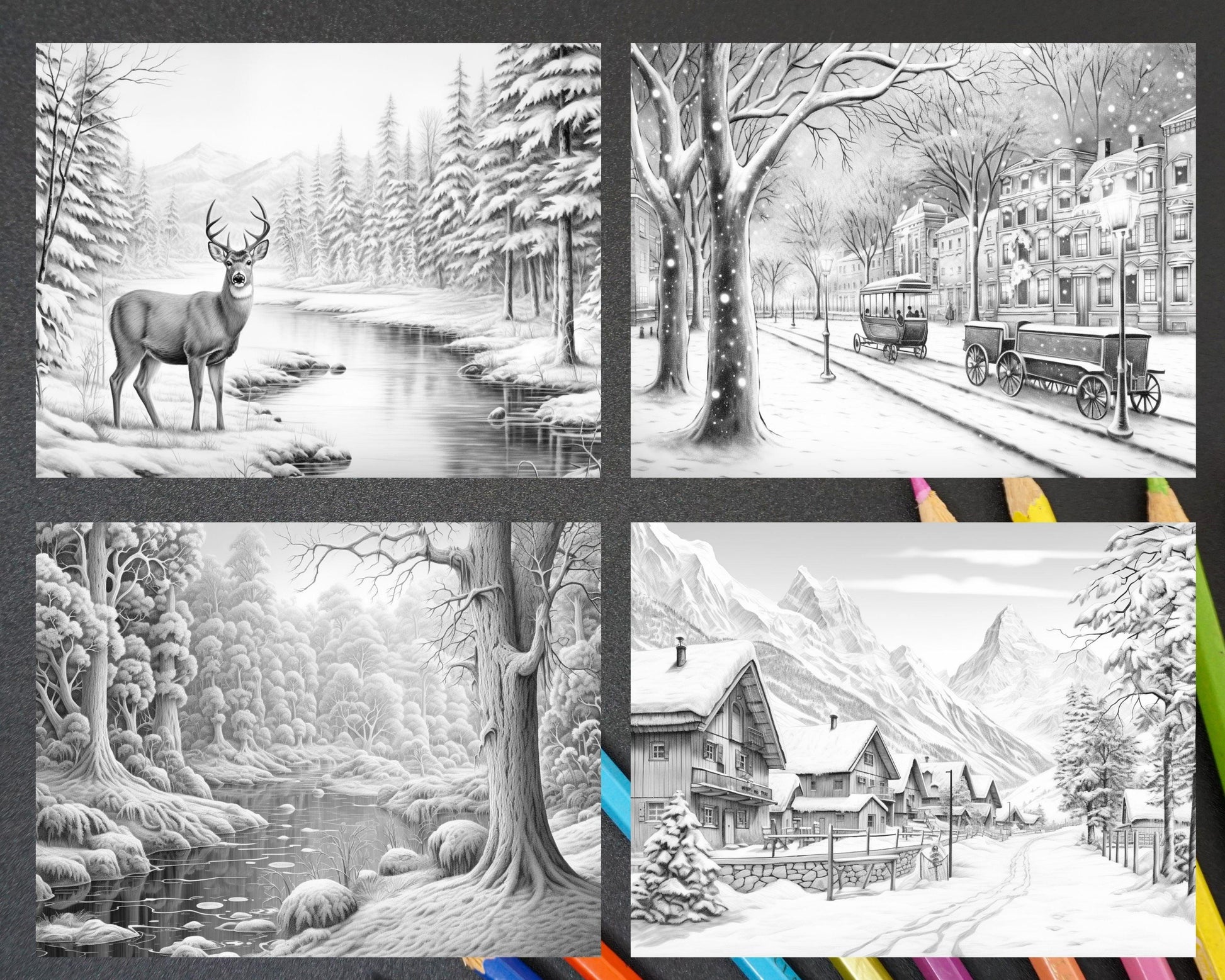 60 Enchanting Winter Landscapes Grayscale Coloring Pages for Adults, Instant PDF Download