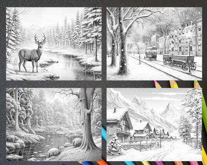 60 Enchanting Winter Landscapes Grayscale Coloring Pages for Adults, Instant PDF Download