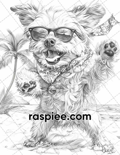 90 Summer Dogs Grayscale Adult Coloring Pages, Printable PDF Instant Download