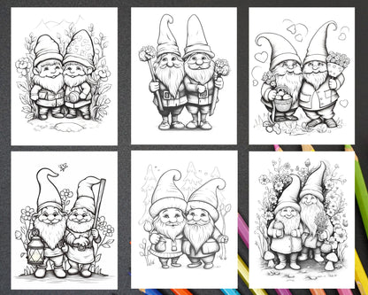 33 Gnome Love Coloring Pages Printable for Adults, Grayscale Coloring Page, PDF File Instant Download