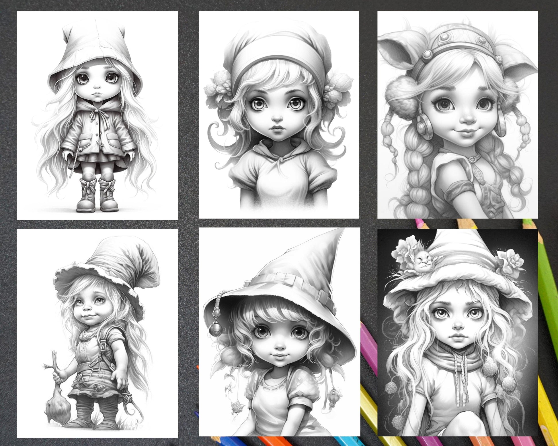 41 Adorable Gnome Girls Grayscale Coloring Pages Printable for Adults and Kids, PDF File Instant Download