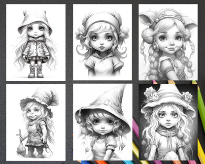 41 Adorable Gnome Girls Grayscale Coloring Pages Printable for Adults and Kids, PDF File Instant Download