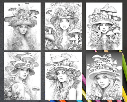 50 Mushroom Fairy Grayscale Coloring Pages Printable for Adults, PDF File Instant Download