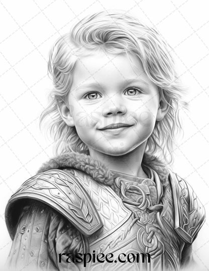 58 Little Viking Girls Boys Portrait Grayscale Coloring Pages Printable, PDF File Instant Download