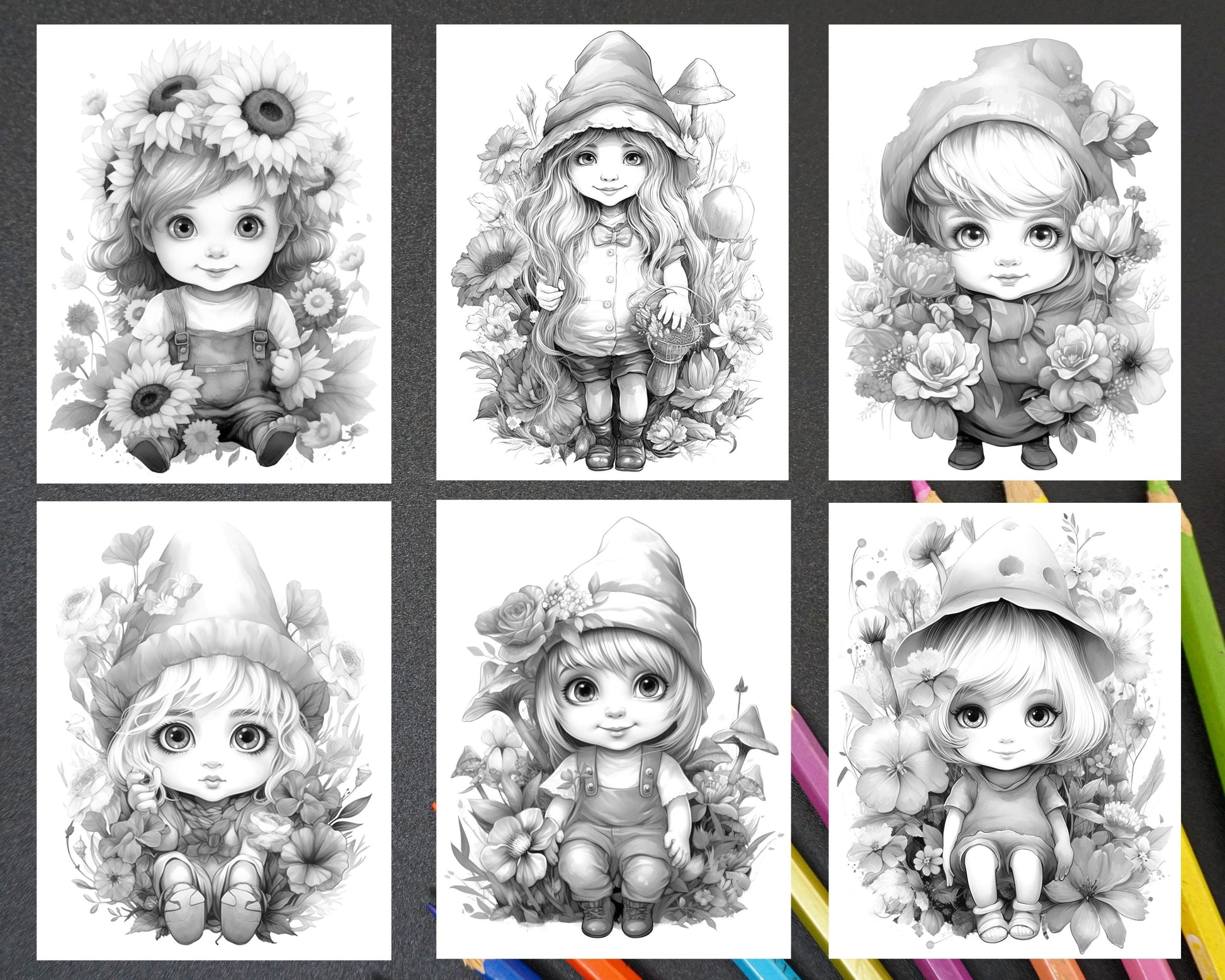 50 Flower Gnomes Grayscale Coloring Pages Printable for Adults Kids, PDF File Instant Download