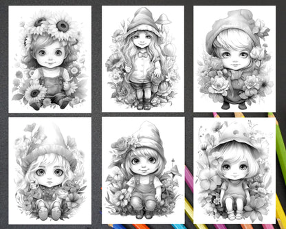 50 Flower Gnomes Grayscale Coloring Pages Printable for Adults Kids, PDF File Instant Download
