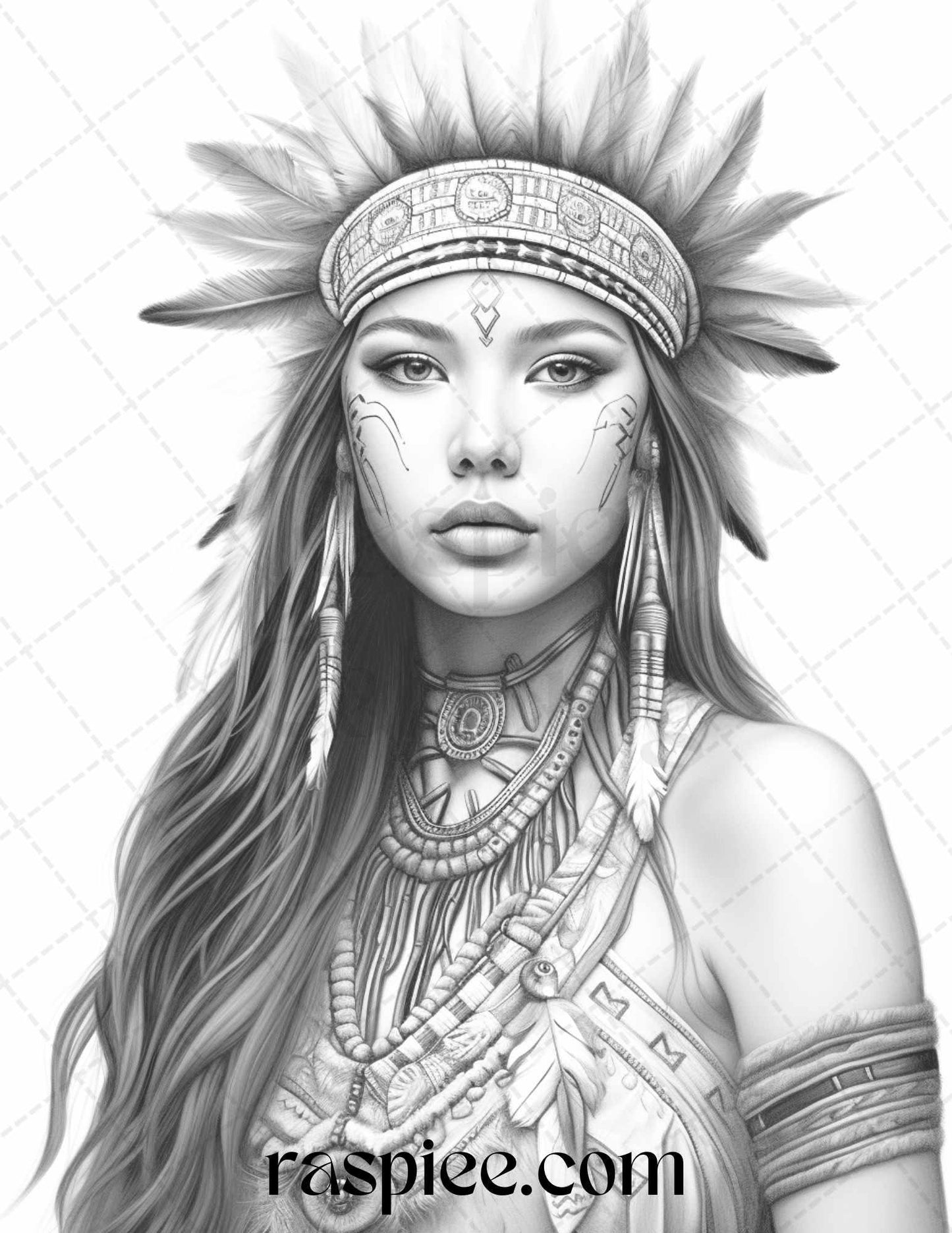 Native American Portrait Grayscale Coloring Pages Printable for Adults, PDF File Instant Download