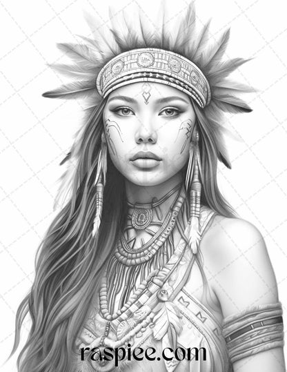 Native American Portrait Grayscale Coloring Pages Printable for Adults, PDF File Instant Download