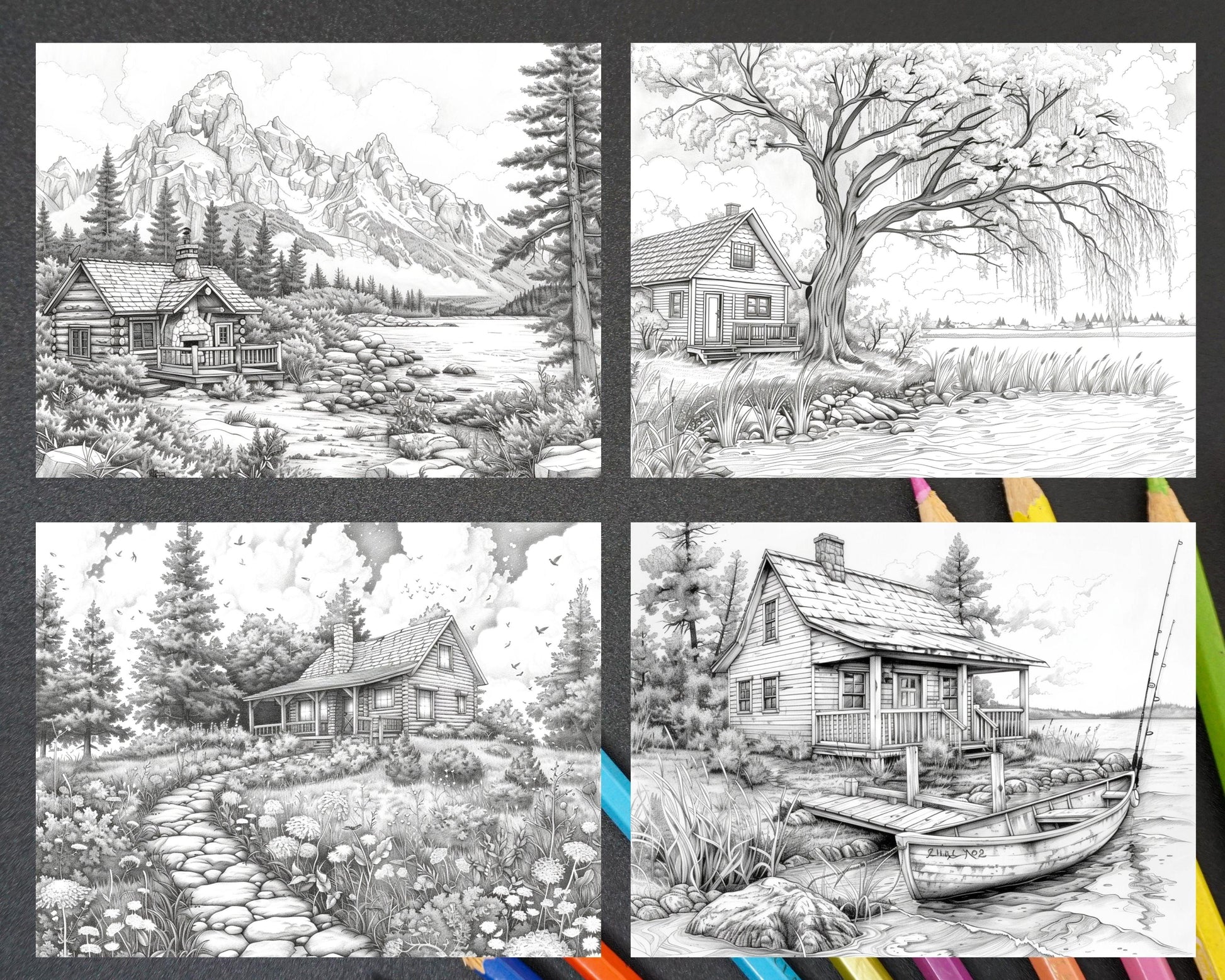 62 Serene Lakeside Cabins Grayscale Adult Coloring Pages, Printable PDF Instant Download