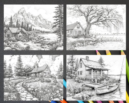 62 Serene Lakeside Cabins Grayscale Adult Coloring Pages, Printable PDF Instant Download